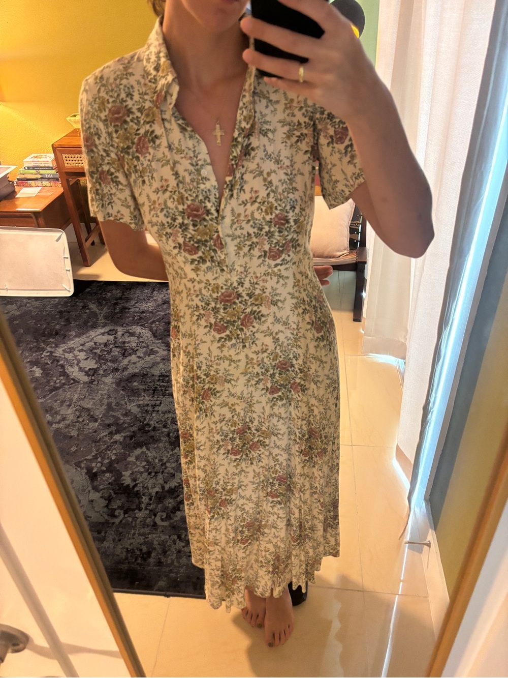 Vintage-Inspired Cream Floral Midi Dress